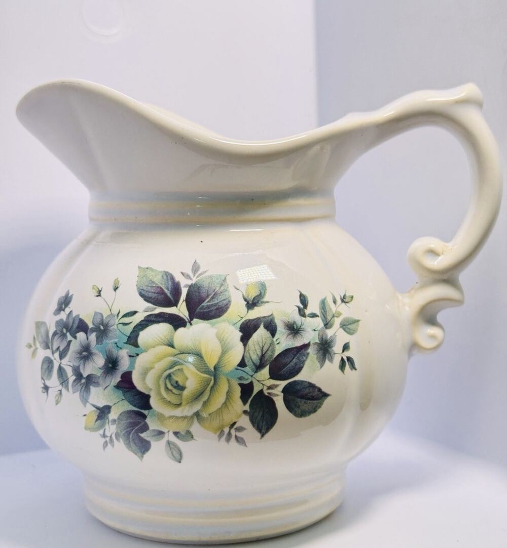 VTG McCoy Pale Blue Water Pitcher Yellow Rose & Blue Flowers Cottage Core 6”